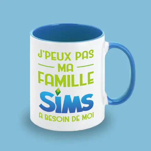 Mug bicolore blanc/bleu J'peux pas ma famille Sims a besoin de moi