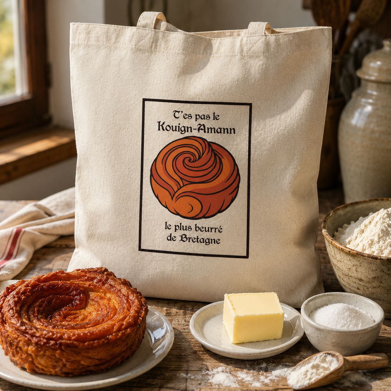 Tote bag humour breton Kouign-Amann flocqué recto-verso - Aela Creations