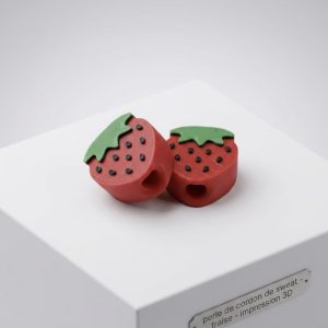 Perle cordon sweat fraise imprimée en 3D, paire bicolore rouge et vert, fabrication Aela Creations France